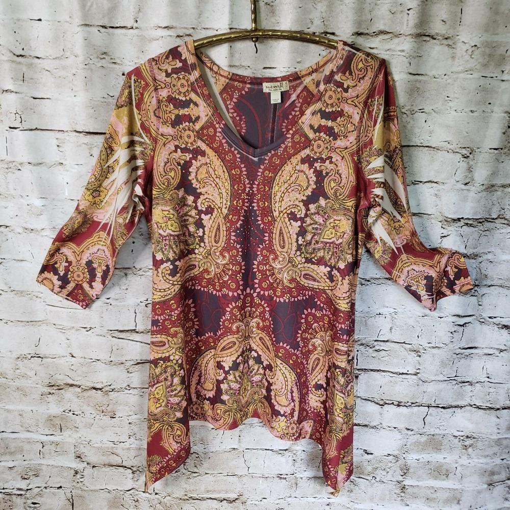 One‎ World Women's Bohemian Top Large Rust Gold Burgundy Knit
